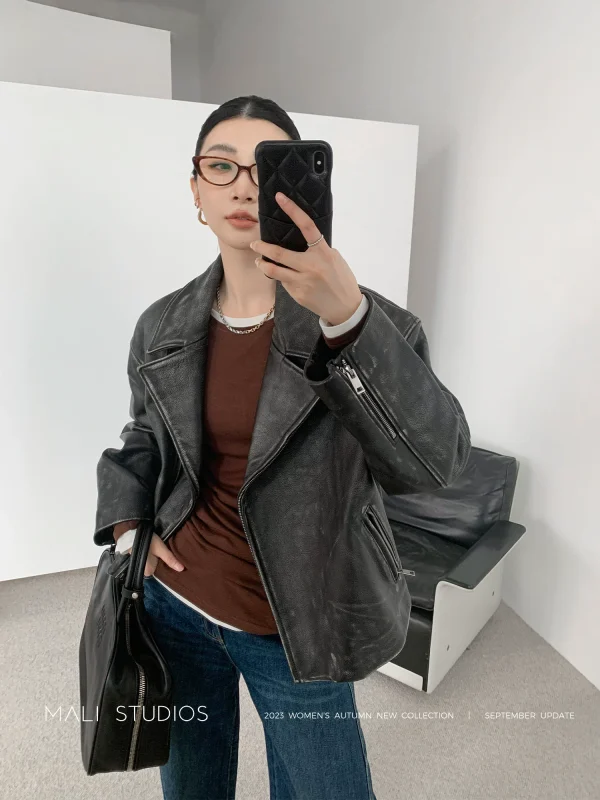 MALI|重磅手工擦色牛皮_复古摩登飒酷VTG做旧风机车皮夹克