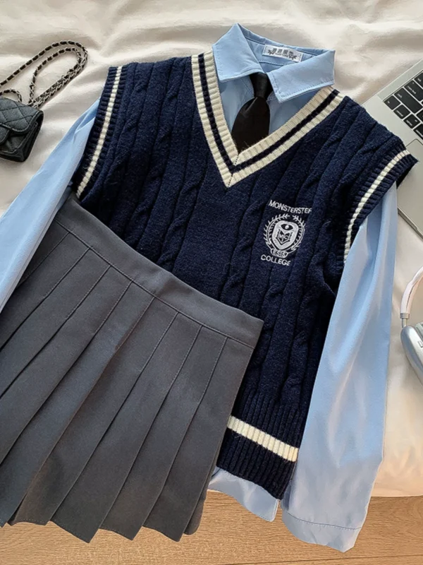 个性刺绣学院风麻花针织马甲2024秋季新款韩版女装纯色衬衫百褶裙