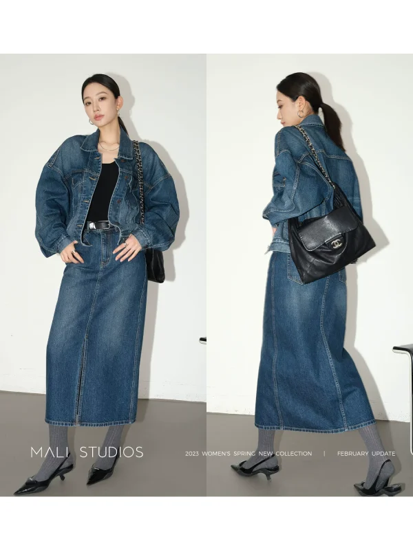 MALI｜INS博主高街时髦_重磅牛仔独特染色工字褶廓形外套&半裙