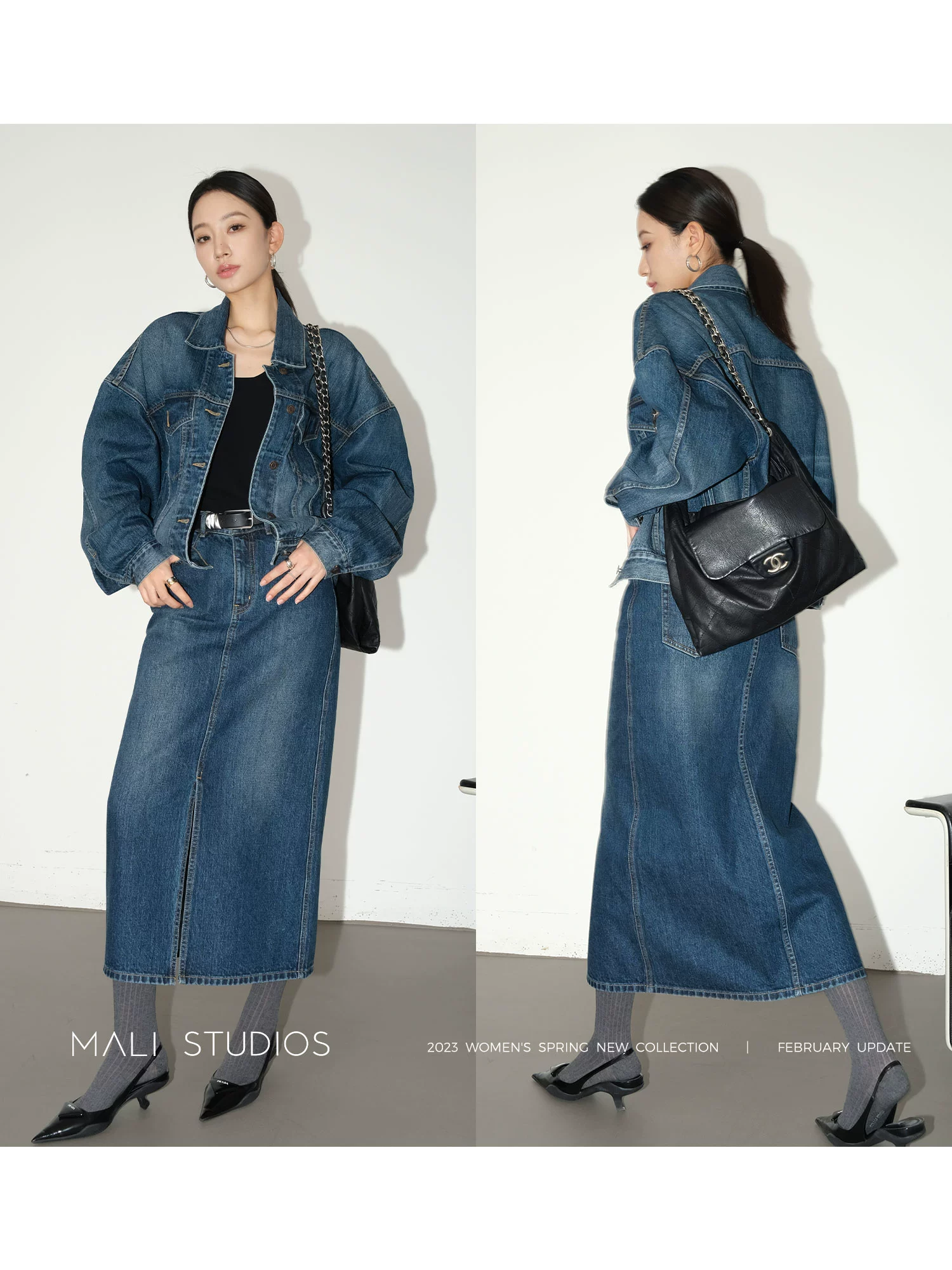 MALI|INS博主高街时髦_重磅牛仔独特染色工字褶廓形外套&半裙