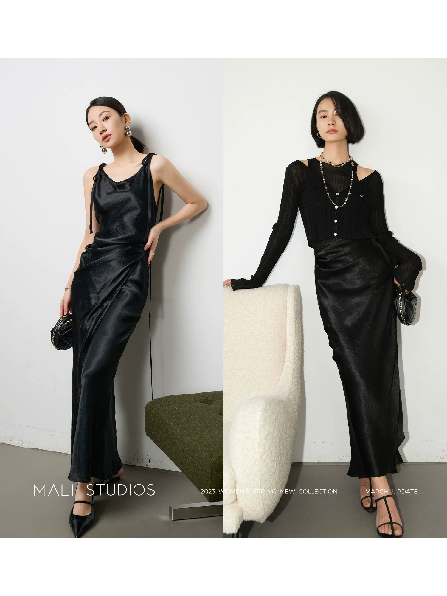 MALI|自然皱醋酸缎面_高阶斜裁交叠艺术感吊带连衣裙/半身长裙 - Image 3