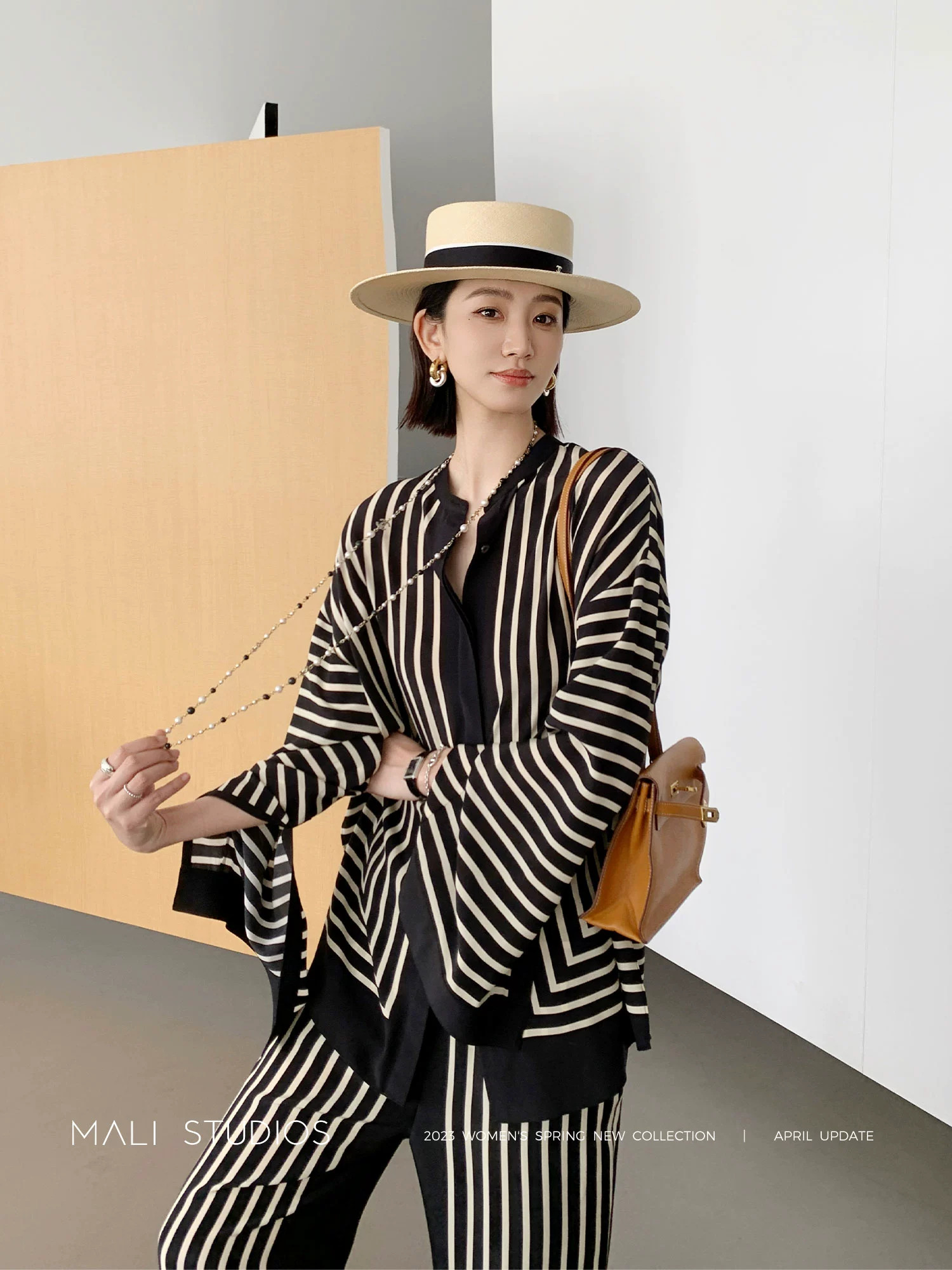 MALI|定制18MM真丝双绉_清凉度假氛围感时髦定位条纹衬衫阔腿裤 - Image 3