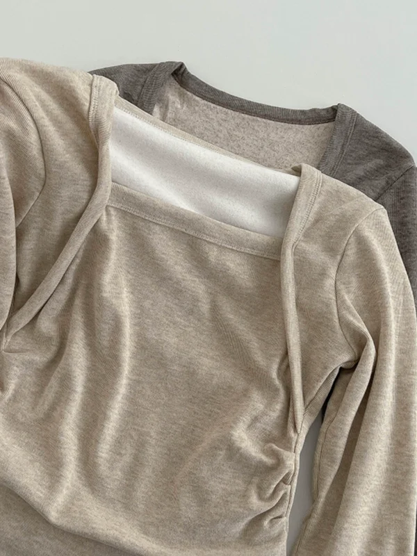 简约纯色方领拼接 T恤2024秋季新款女长袖简约套头洋气长袖上衣潮