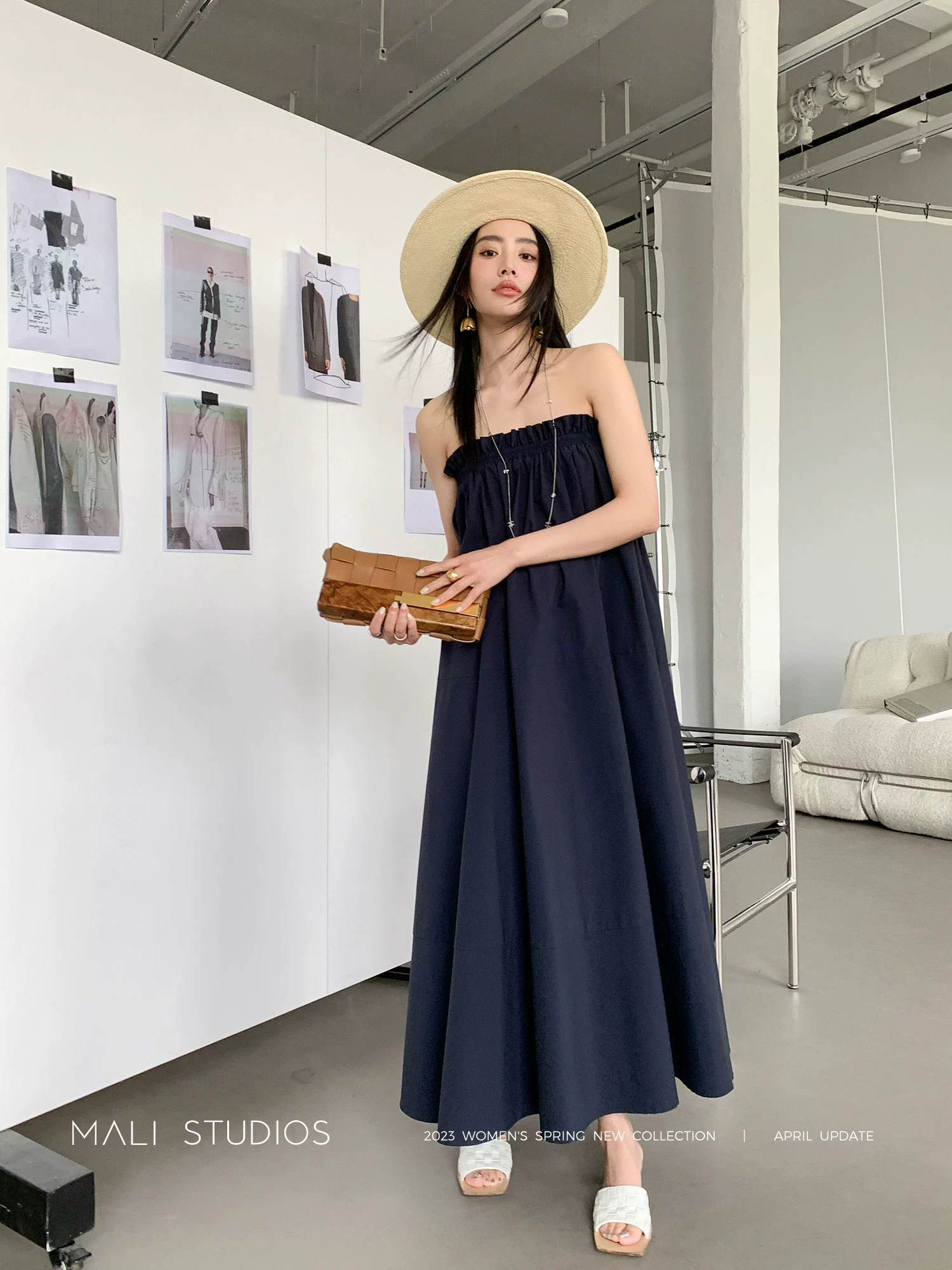 MALI|度假氛围感_夏季褶皱抹胸A字吊带连衣裙 - Image 3