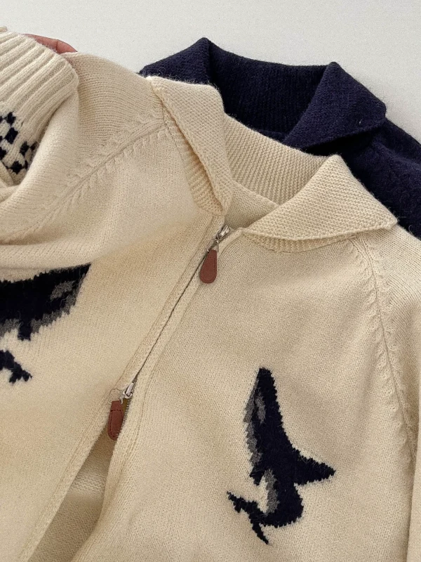 2024新款休闲复古宽松小海豚提花针织开衫女秋冬拉链毛衣外套女