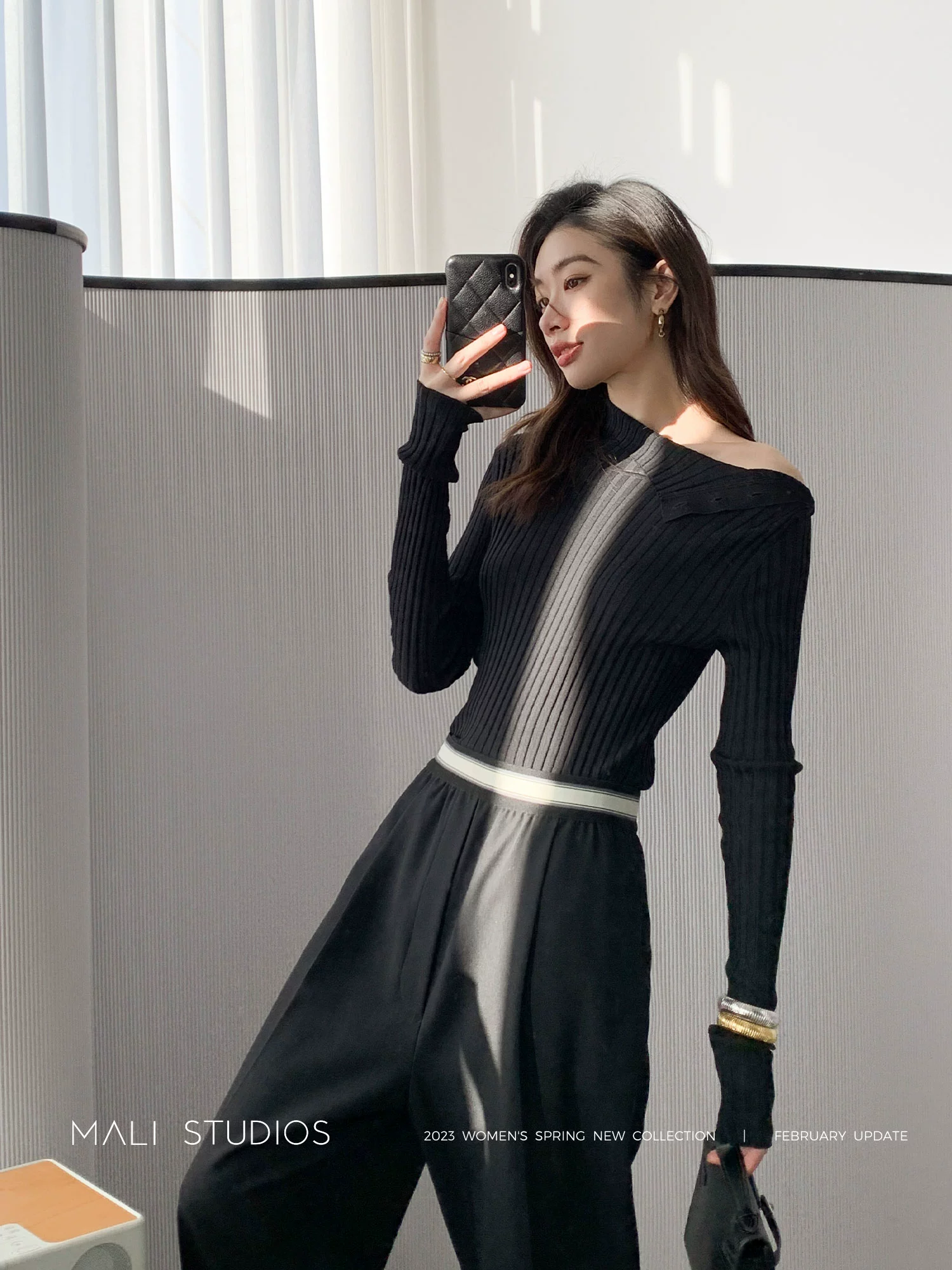 MALI|日本进口时装感羊毛_强捻工艺一字肩&两穿肩扣显瘦针织衫 - Image 5