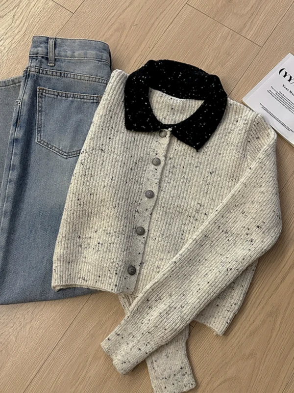 撞色翻领减龄针织毛衣2024秋冬新款韩版女装休闲甜美长袖开衫上衣