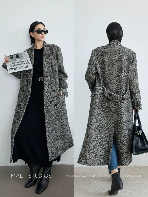 MALI｜苏力羊驼绵羊毛长毛人字纹_VTG彩花纱双排扣西装大衣外套