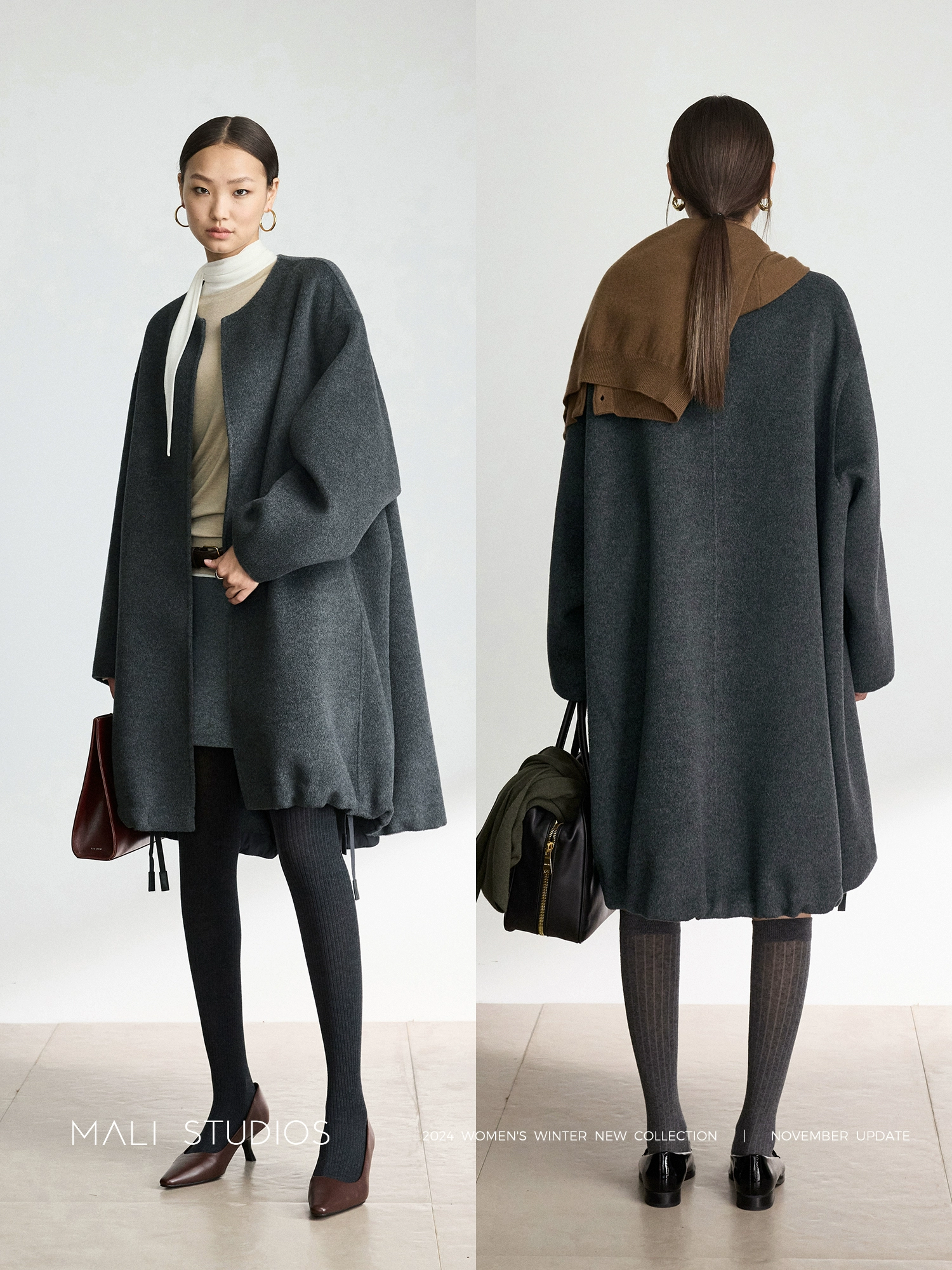 MALI | 进口羊驼羊毛&110支羊毛羊绒ROW宽松廓形抽绳双面呢大衣 - Image 5