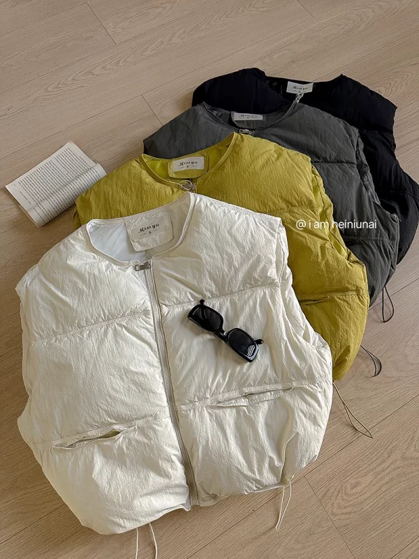 时尚洋气纯色加密尼龙褶棉服马夹2024秋季新款韩版女装无袖面包服