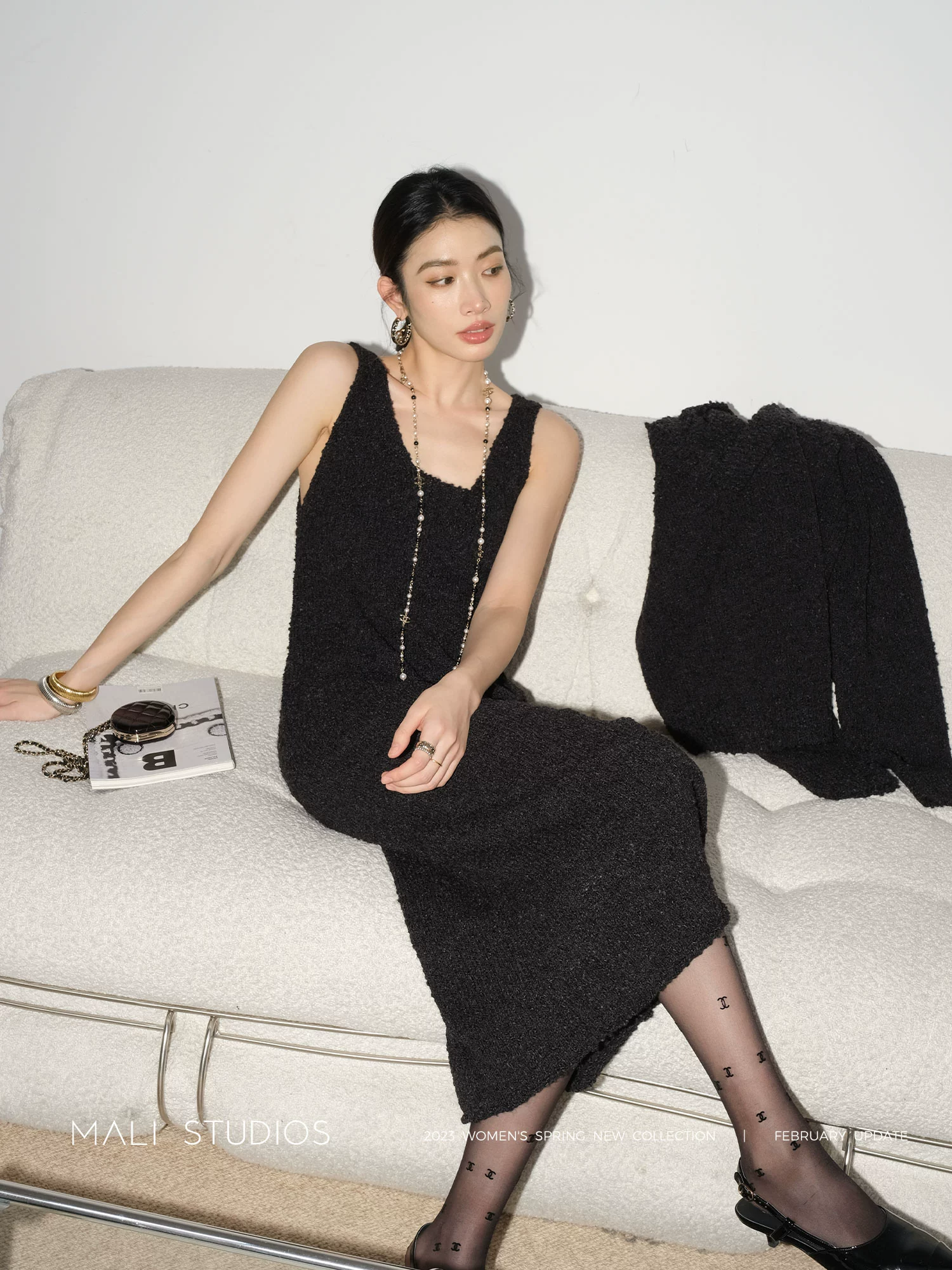 MALI|豆豆纱懒人套装_宽松V领套头毛衣+背心连衣裙两件套 - Image 2