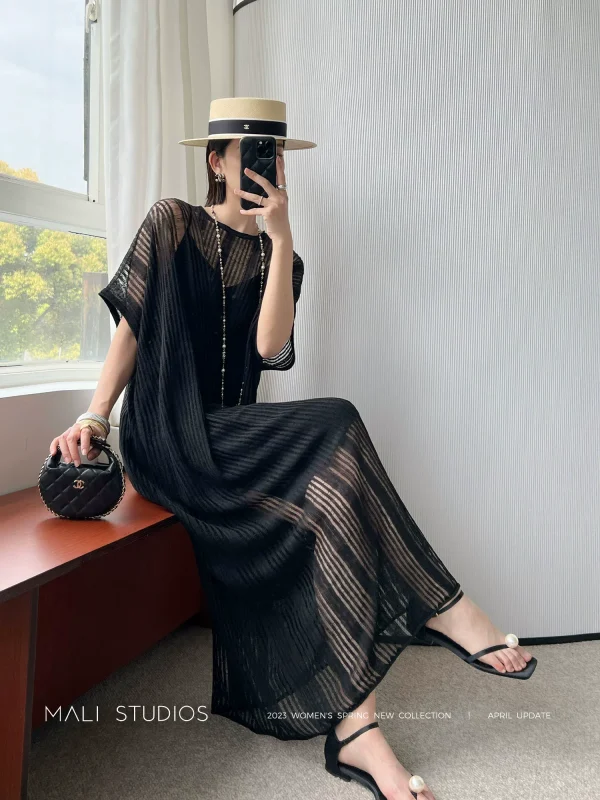 MALI|定制定染真丝亚麻纱_透视镂空针织度假吊带背心裙两件套