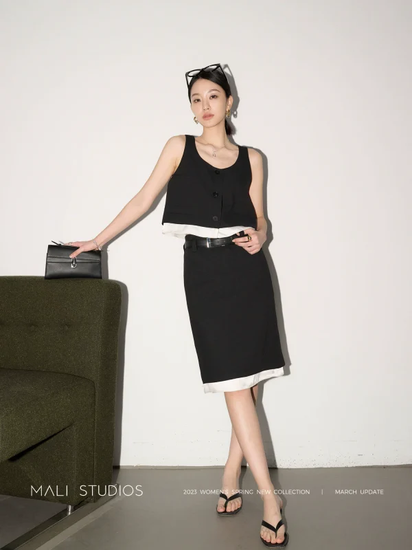 MALI｜空白艺术感_双层拼接宾霸 短款背心超长半裙中长半裙