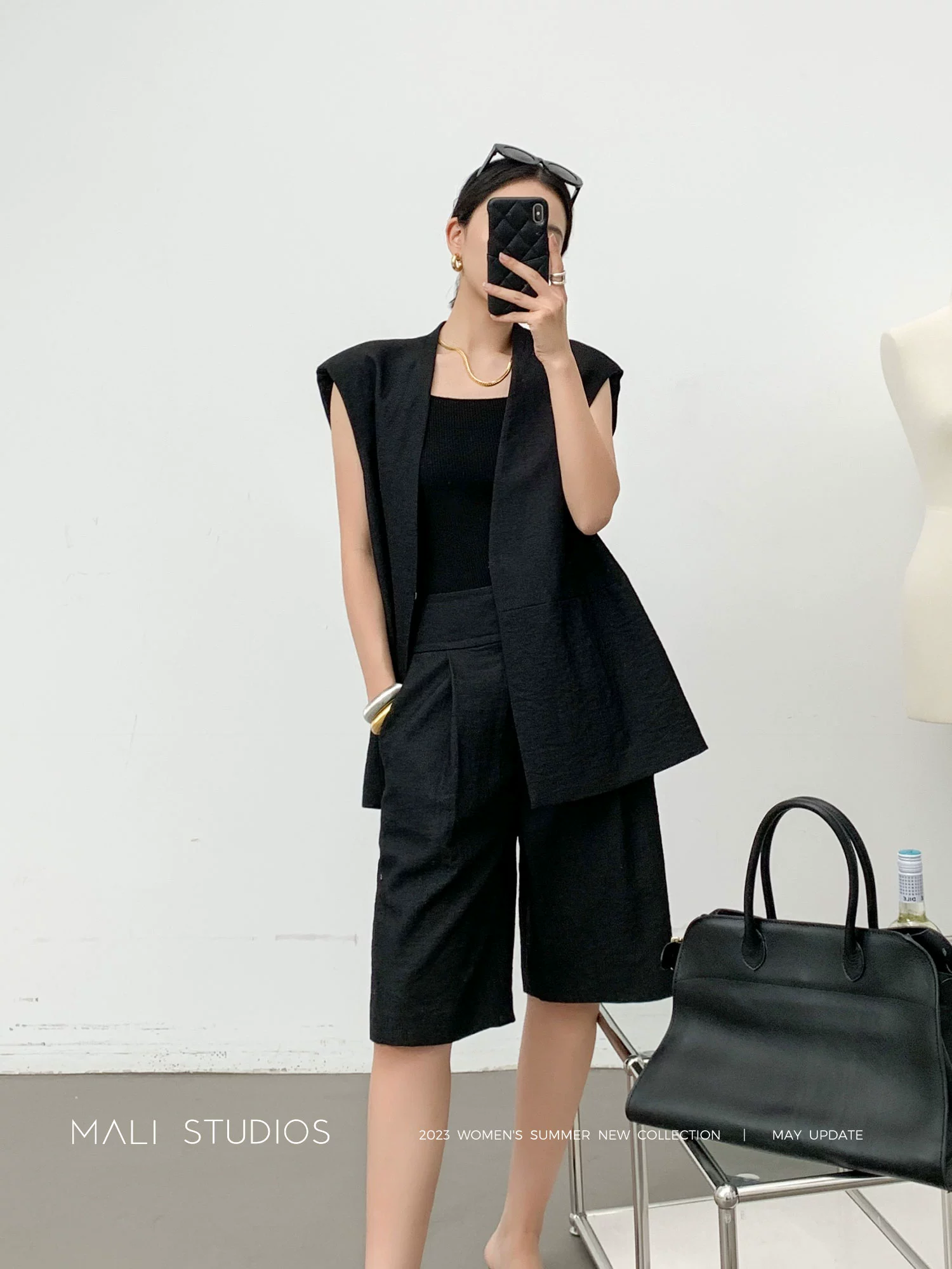 MALI|定制Viscose天然亚麻混纺_及简无领大廓形马甲宽腰封五分裤 - Image 2