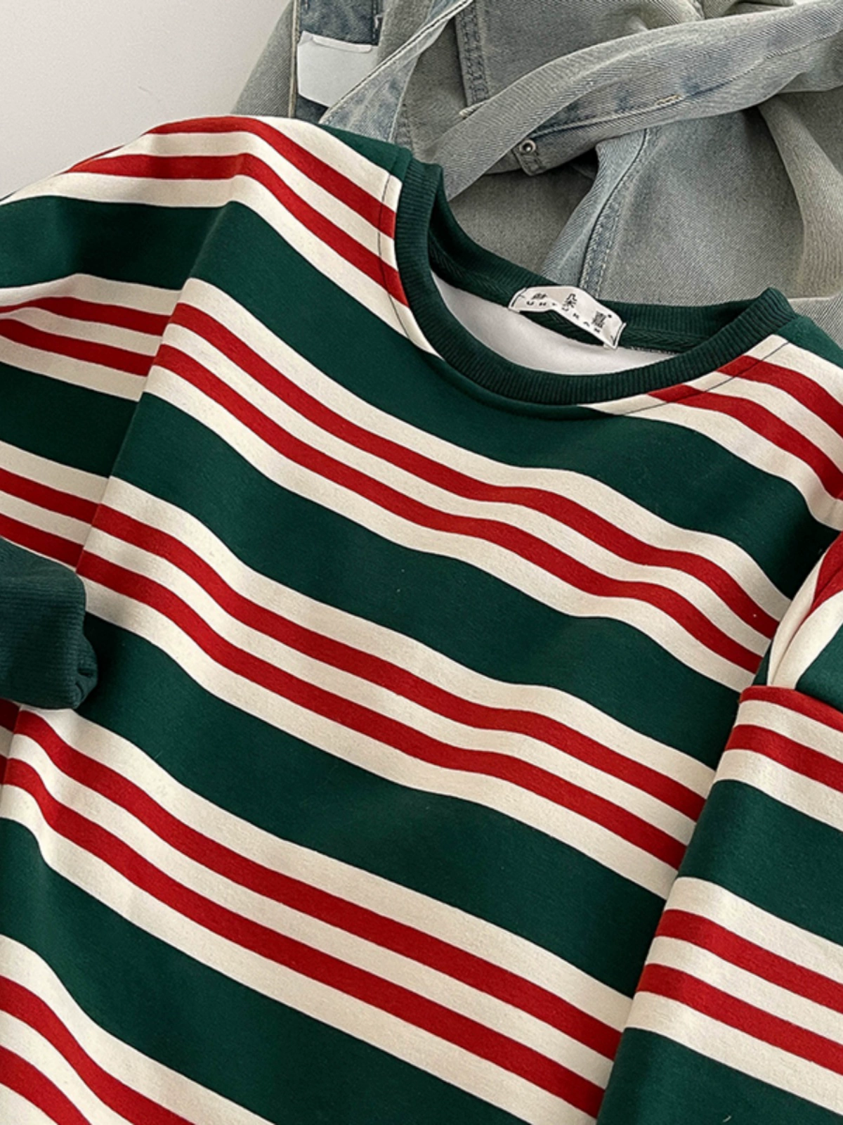 条纹撞色包边baby绒卫衣女2024秋冬慵懒风宽松显瘦套头洋气上衣潮