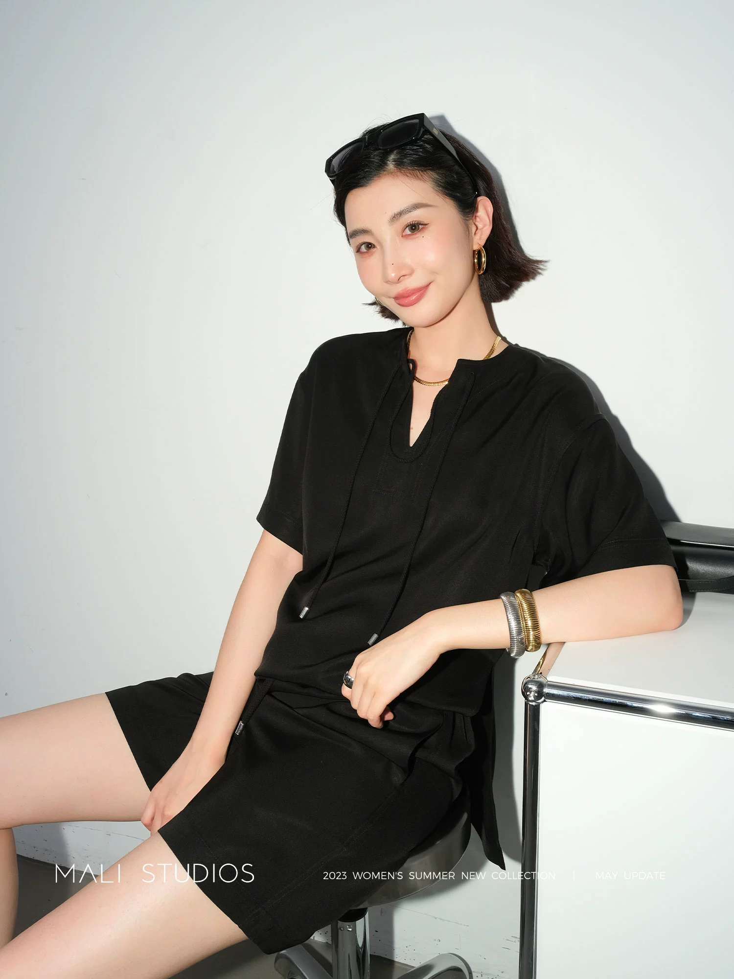 MALI|及简北欧风_醋酸天丝亚麻混纺抽绳V领短袖+短裤懒人套装 - Image 5