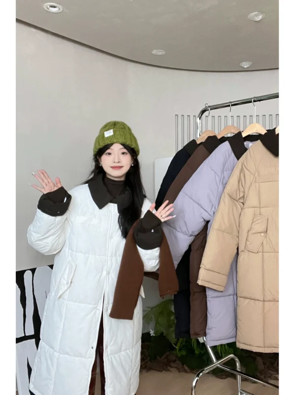 中长款2024冬季棉服女设计感撞色翻领韩版时尚宽松棉袄面包服外套