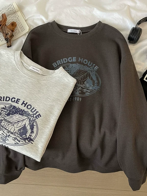 个性休闲时尚印花长袖卫衣2024秋季新款女学院风宽松百搭圆领上衣