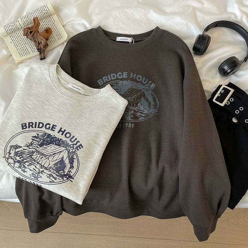 个性休闲时尚印花长袖卫衣2024秋季新款女学院风宽松百搭圆领上衣