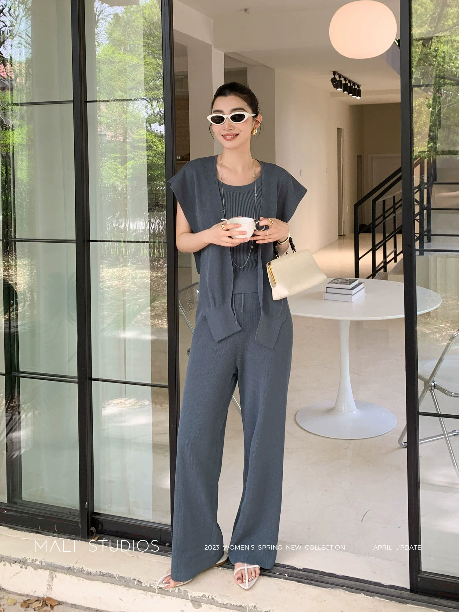 MALI|及简气质风_纸片人显瘦针织造型披肩&背心&长裤三件套 - Image 3