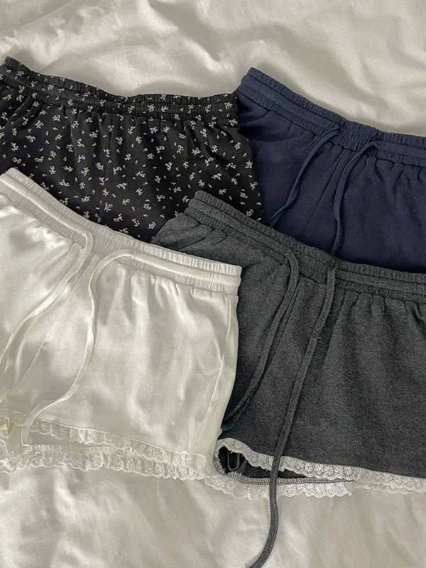 蕾丝边抽绳松紧腰印花打底裤短裤2024夏季新款韩版女装阔腿休闲裤