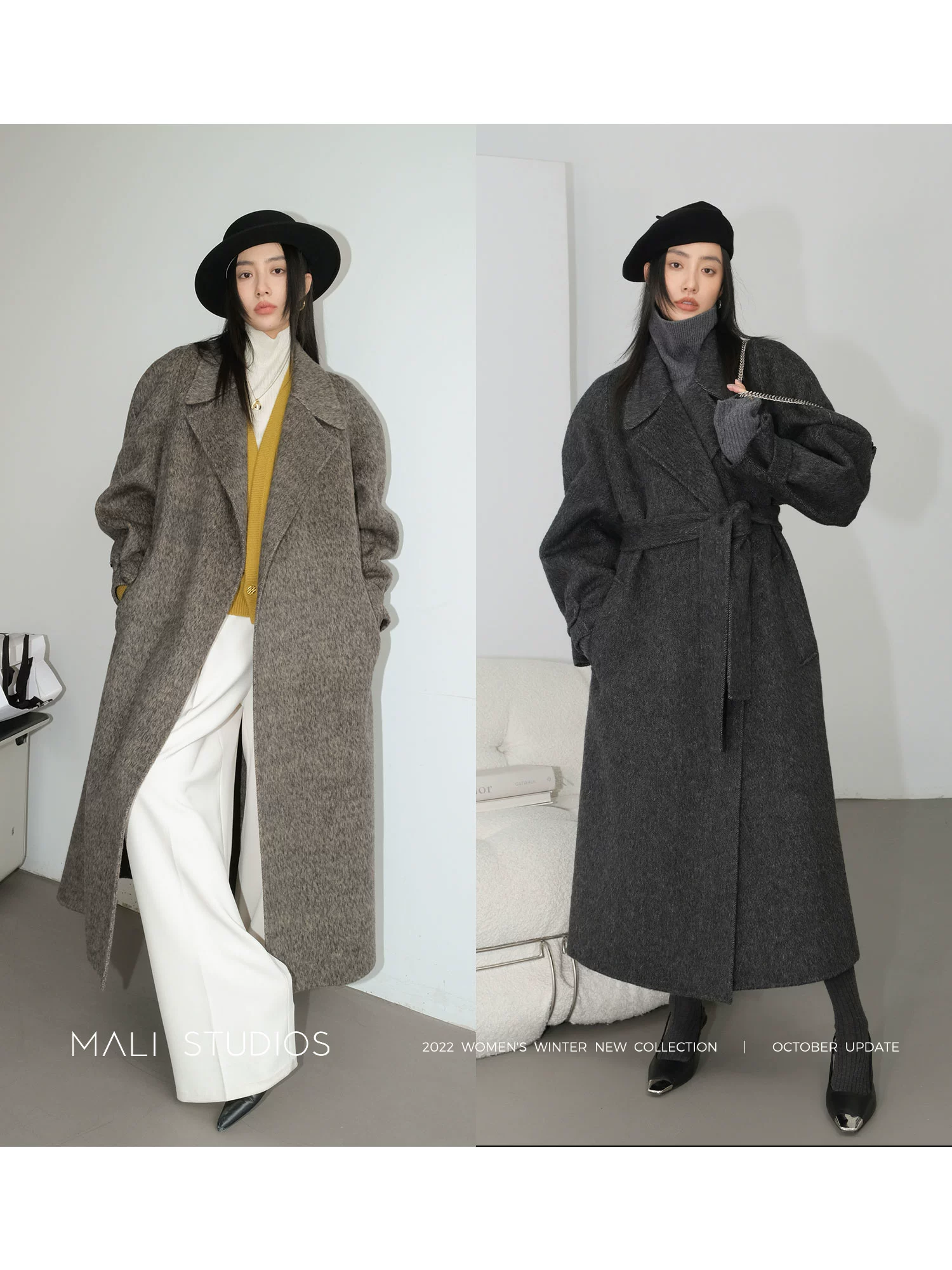 MALI|小众蕞时髦 羊毛真丝双面呢窄肩廓形羊腿袖大衣 - Image 3