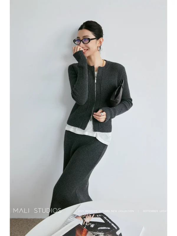 MALI｜特细美丽奴羊毛混纺纱_静奢风双开拉链短款叠穿开衫半裙