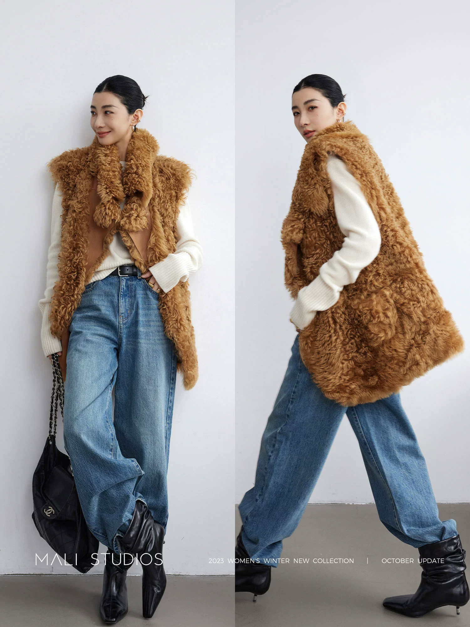 MALI|私服古着_皮毛一体羊卷毛复古时髦廓形马甲皮草外套 - Image 5