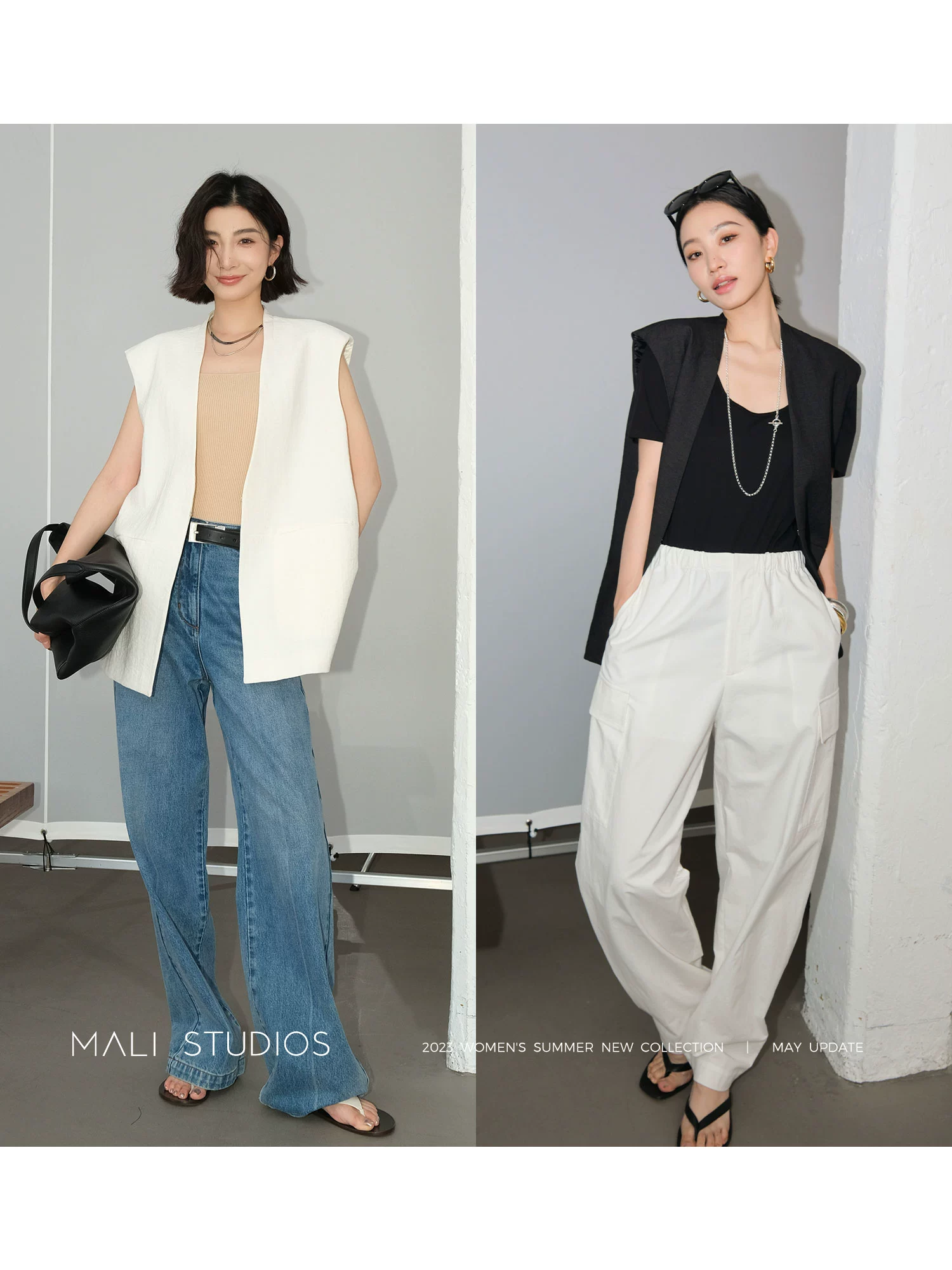 MALI|定制Viscose天然亚麻混纺_及简无领大廓形马甲宽腰封五分裤 - Image 3