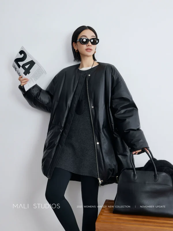 MALI｜轻涂层绵羊皮90白鸭绒_北欧风立体茧型大廓形皮羽绒长外套