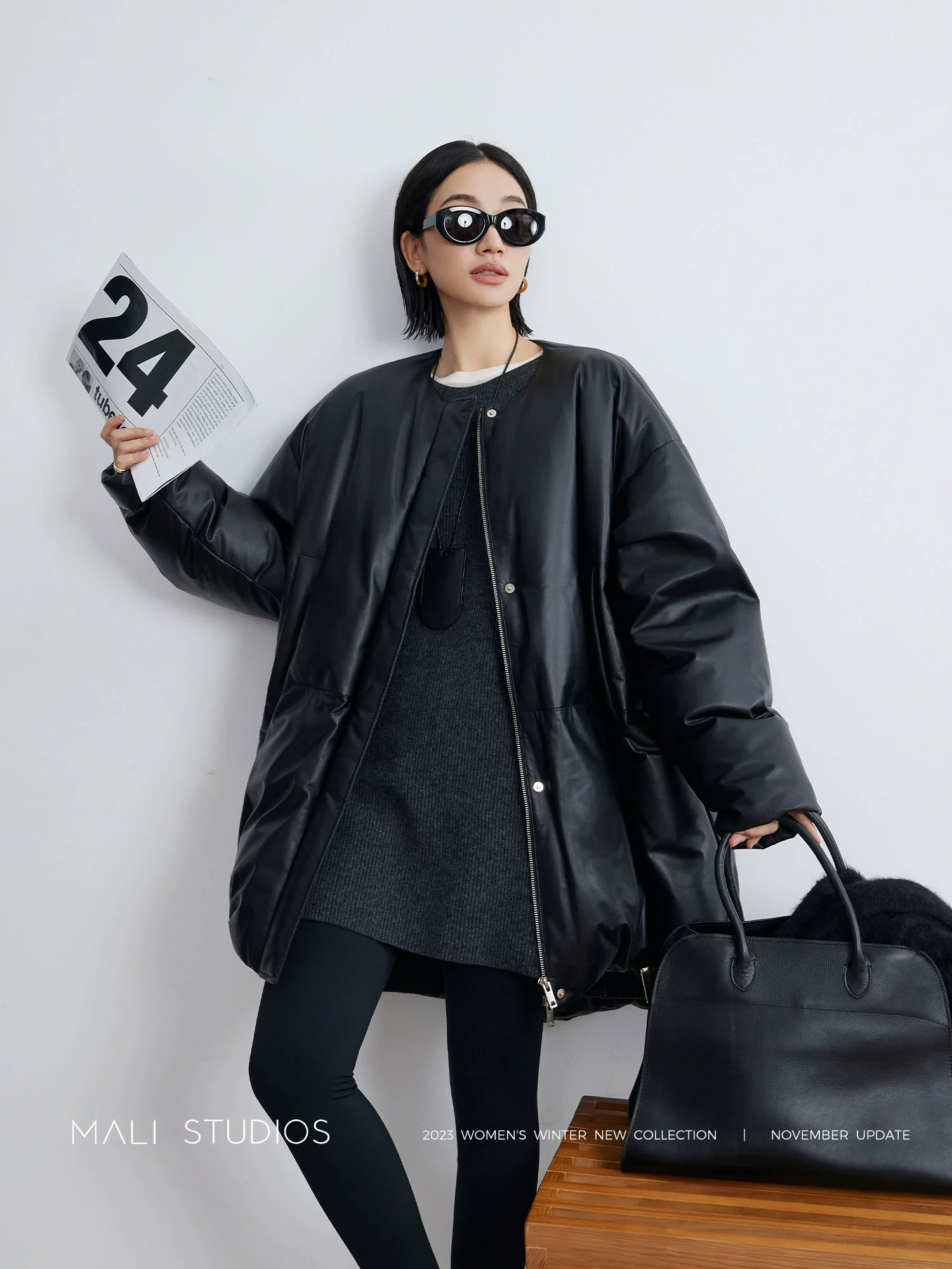 MALI|轻涂层绵羊皮90白鸭绒_北欧风立体茧型大廓形皮羽绒长外套