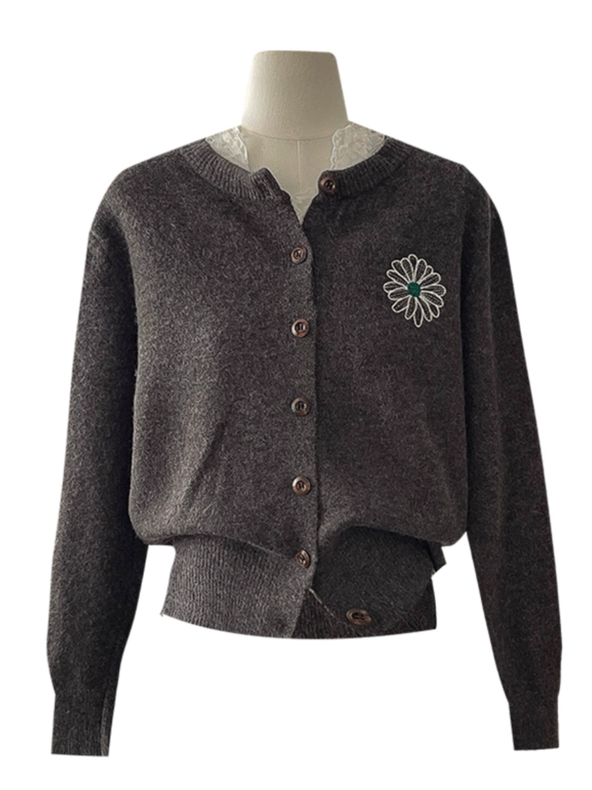 花朵刺绣撞色针织毛衣2024秋冬新款韩版女装圆领开衫长袖保暖上衣 - Image 5