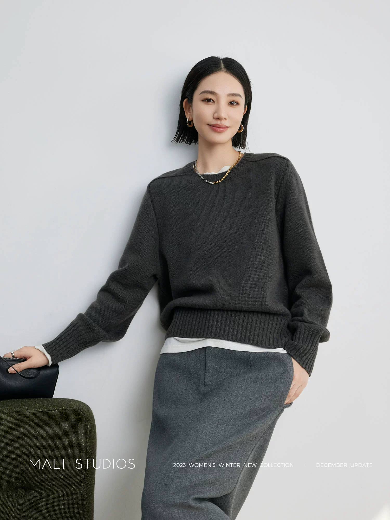 MALI|经典羊绒羊毛软糯温暖_宽松百搭直角肩圆领套头毛衣