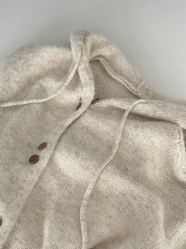 休闲慵懒风连帽针织衫2024秋季新款韩版女纽扣开衫纯色长袖毛衣潮