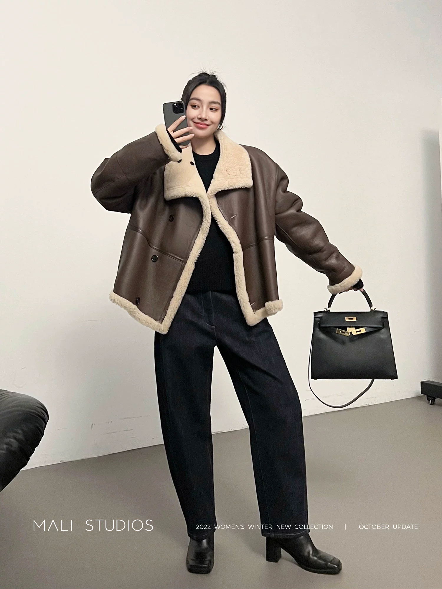 MALI|博主同款 磨毛保暖 显瘦遮肉圆弧扭缝九分牛仔裤 - Image 5