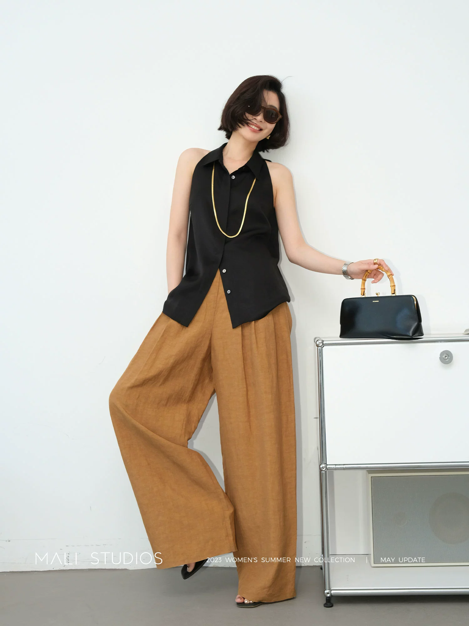 MALI|清凉天丝亚麻_法式复古尖领小众气质无袖衬衫 - Image 4