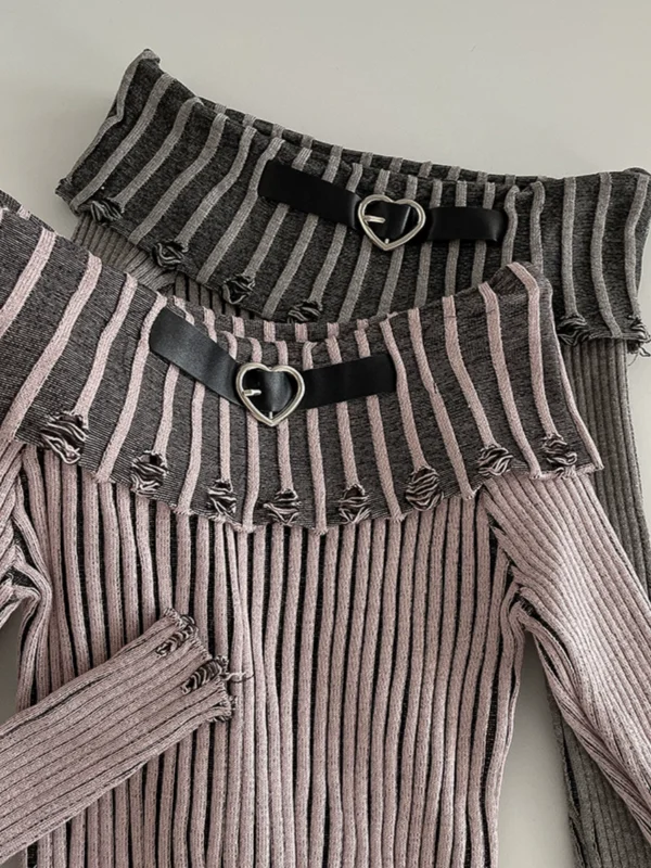 个性小众坑条翻边一字领套头毛衣女2024冬季新款韩版气质毛针织衫