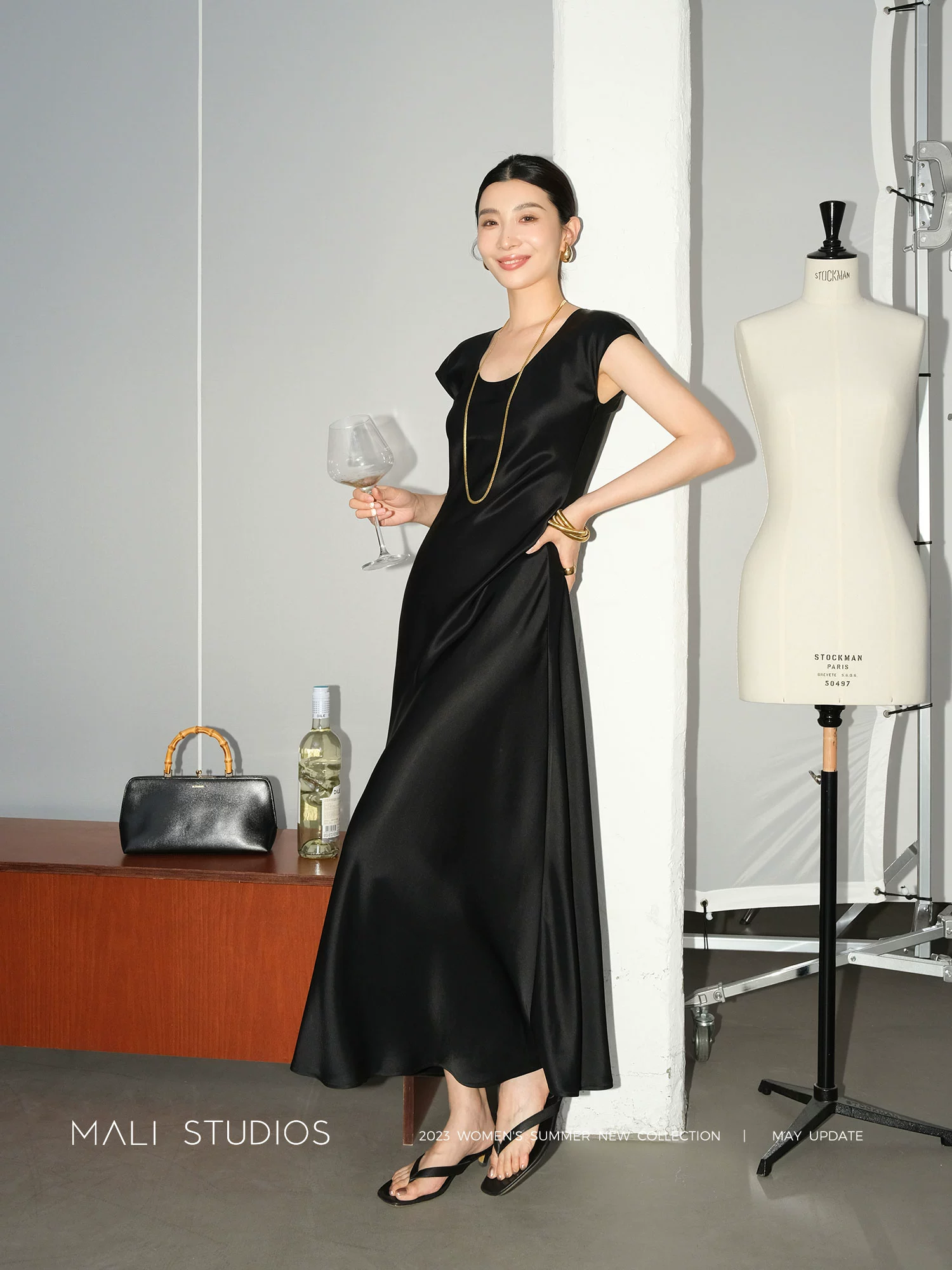 MALI|鎏光垂感醋酸双面缎_重磅斜裁高贵优雅中长长连衣裙 - Image 5