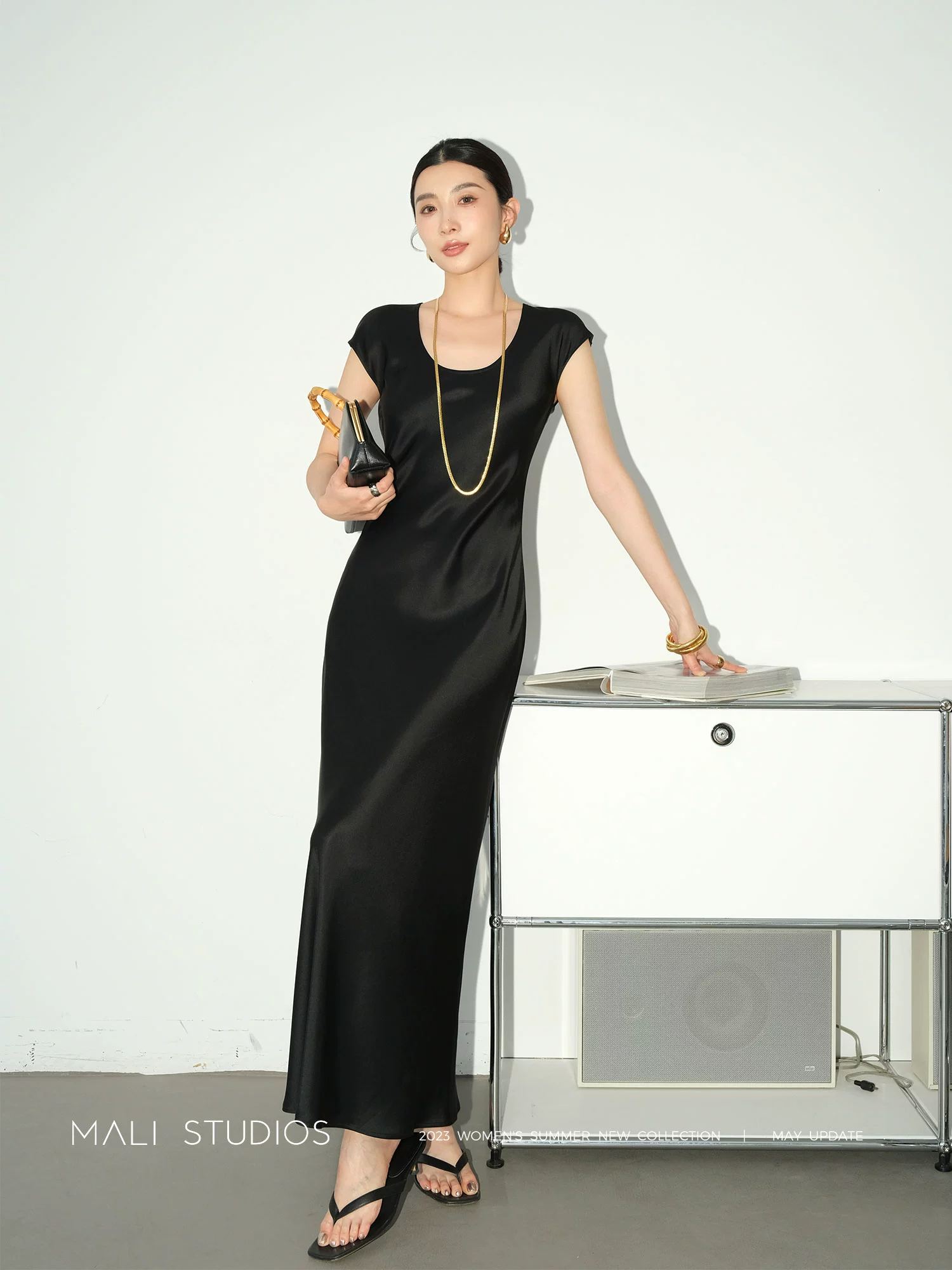 MALI|鎏光垂感醋酸双面缎_重磅斜裁高贵优雅中长长连衣裙 - Image 2