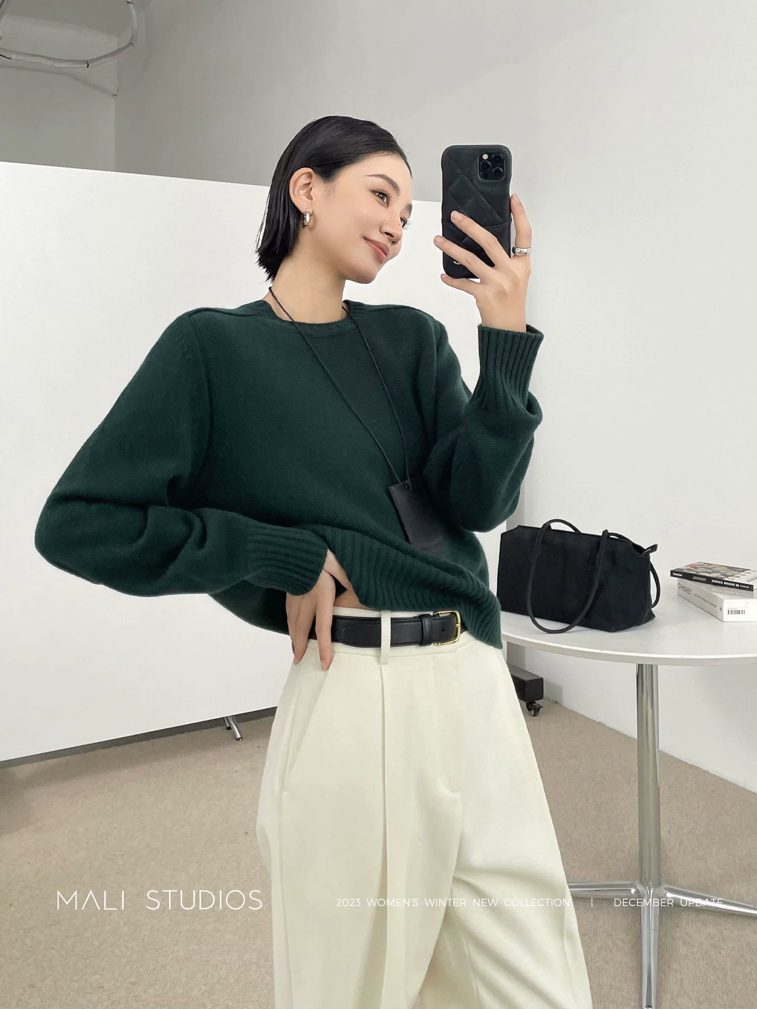 MALI|经典羊绒羊毛软糯温暖_宽松百搭直角肩圆领套头毛衣 - Image 4