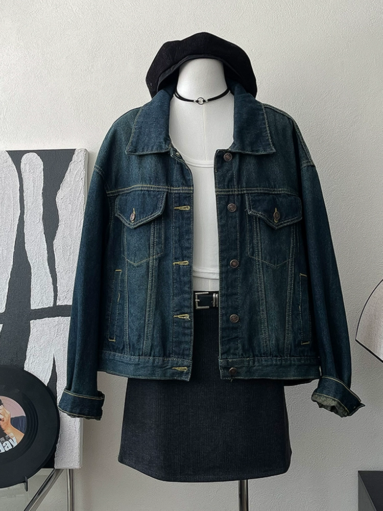 时尚复古翻领牛仔短外套2024秋季新款女装百搭宽松单排扣长袖上衣 - Image 5