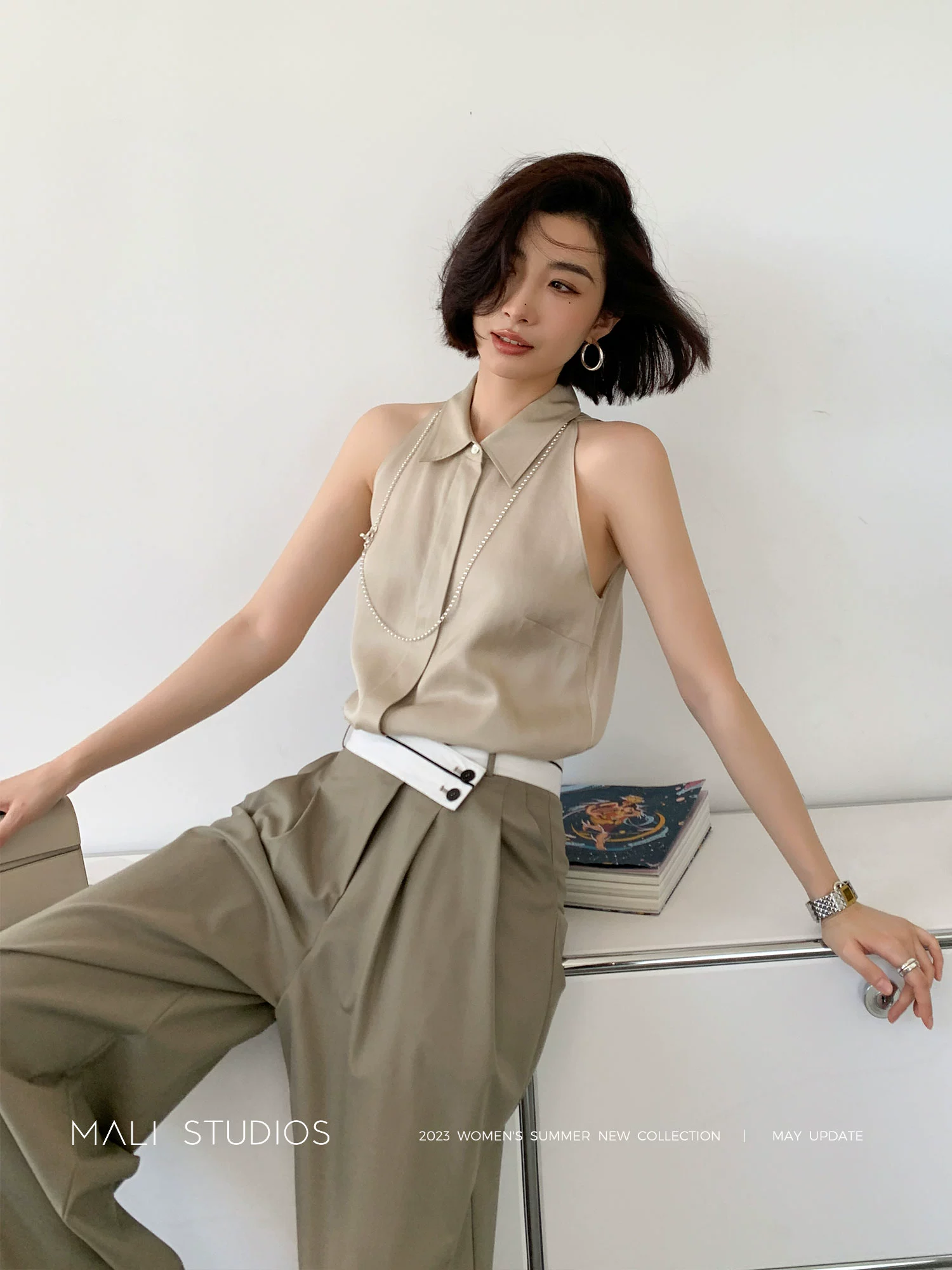 MALI|清凉天丝亚麻_法式复古尖领小众气质无袖衬衫 - Image 3