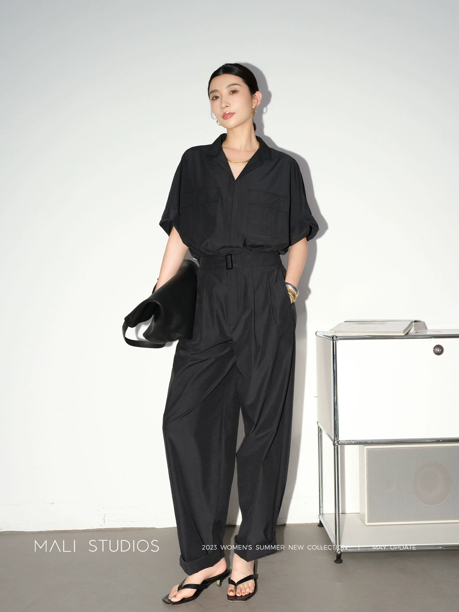 MALI|工装风纸片人套装_夏季宽松蝙蝠袖短袖衬衫+腰带休闲裤 - Image 3