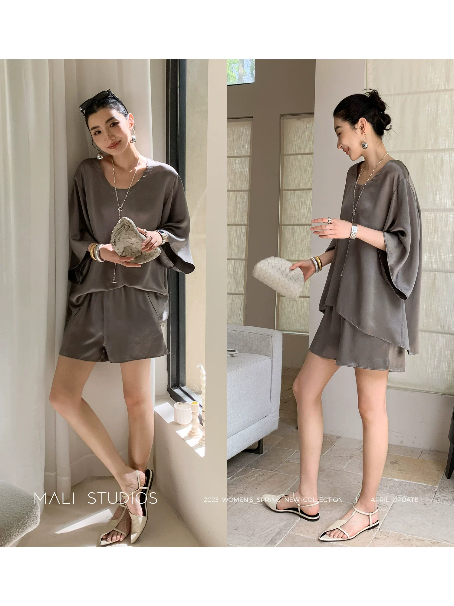 MALI|夏日醋酸缎面_及简舒适懒人套装七分袖上衣短裤 - Image 2