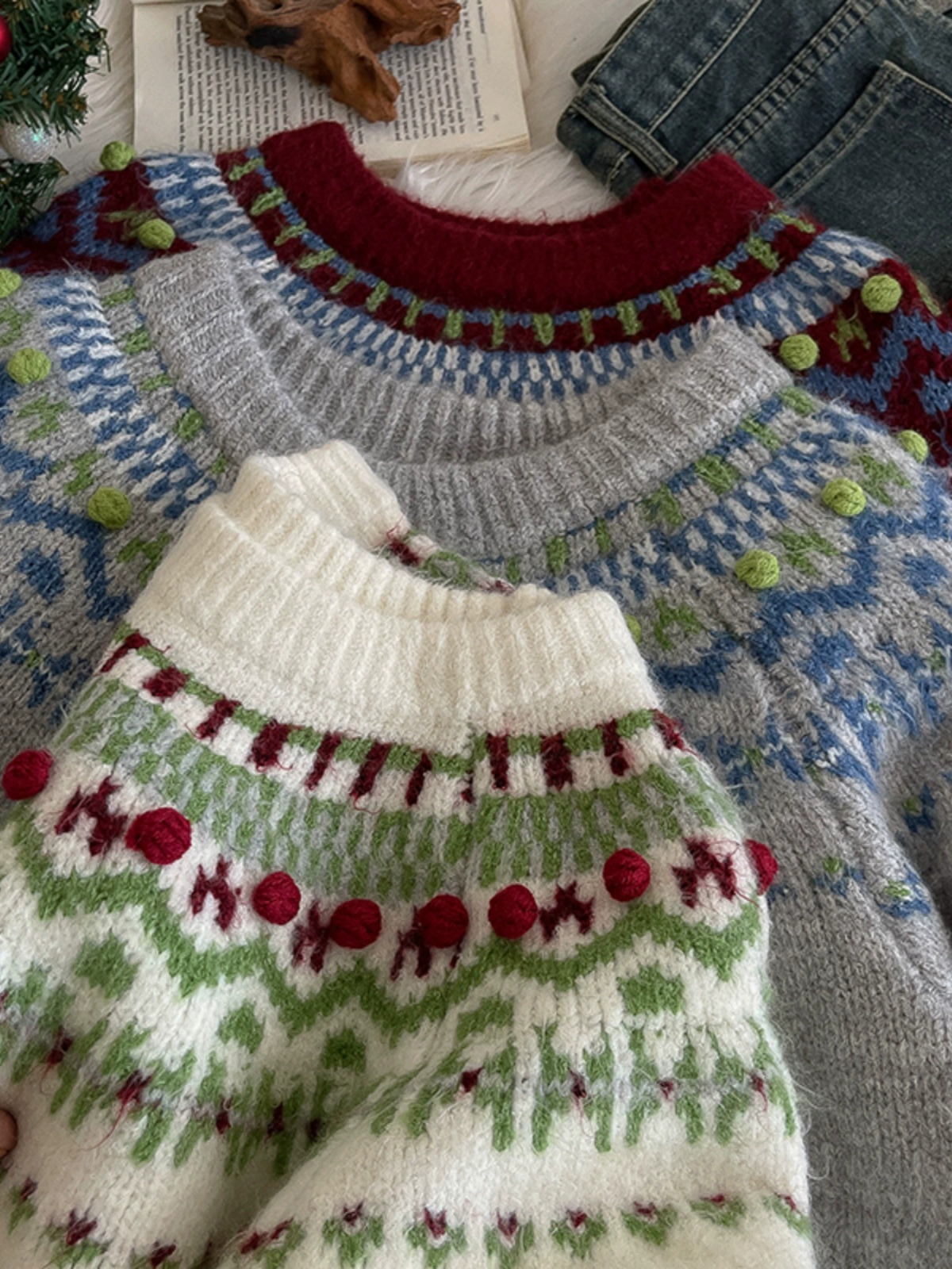 撞色高级感休闲长袖针织衫2024秋季新款韩版女洋气套头圣诞毛衣潮 - Image 2