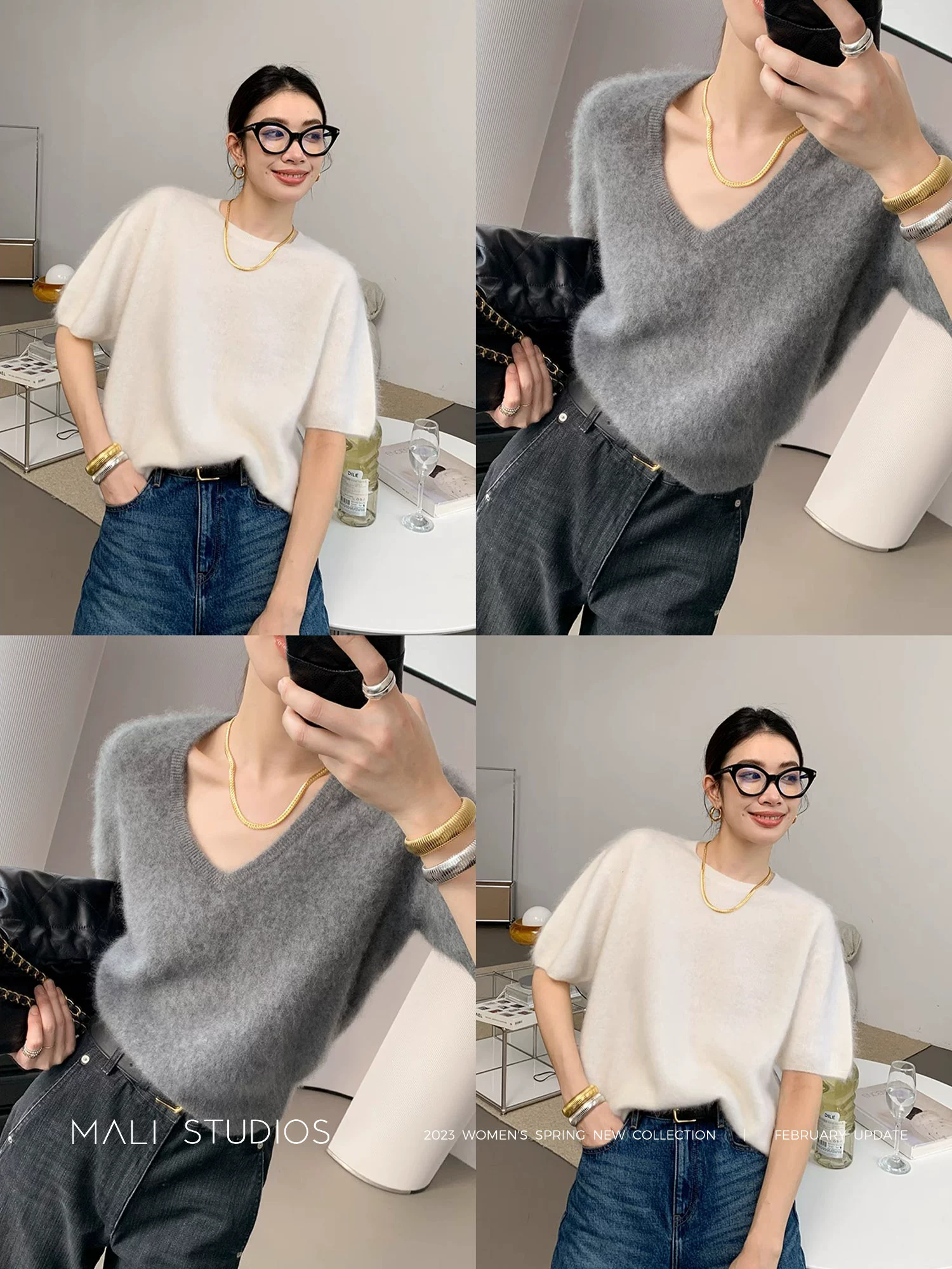 MALI|级工艺山羊绒拉毛_BABY触感圆领/V领套头中袖毛衣 - Image 5