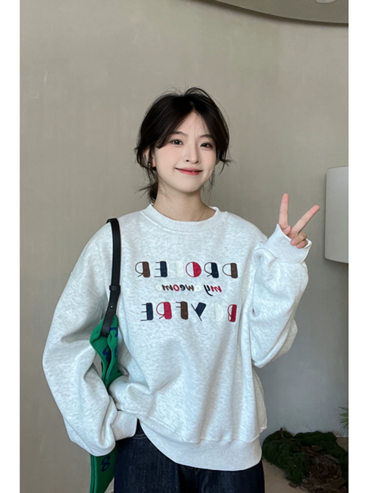 baby绒彩色字母刺绣卫衣2024秋冬新款韩版女长袖加绒圆领套头上衣