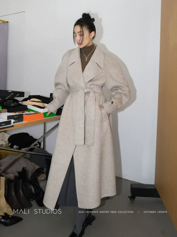 MALI|小众蕞时髦 羊毛真丝双面呢窄肩廓形羊腿袖大衣