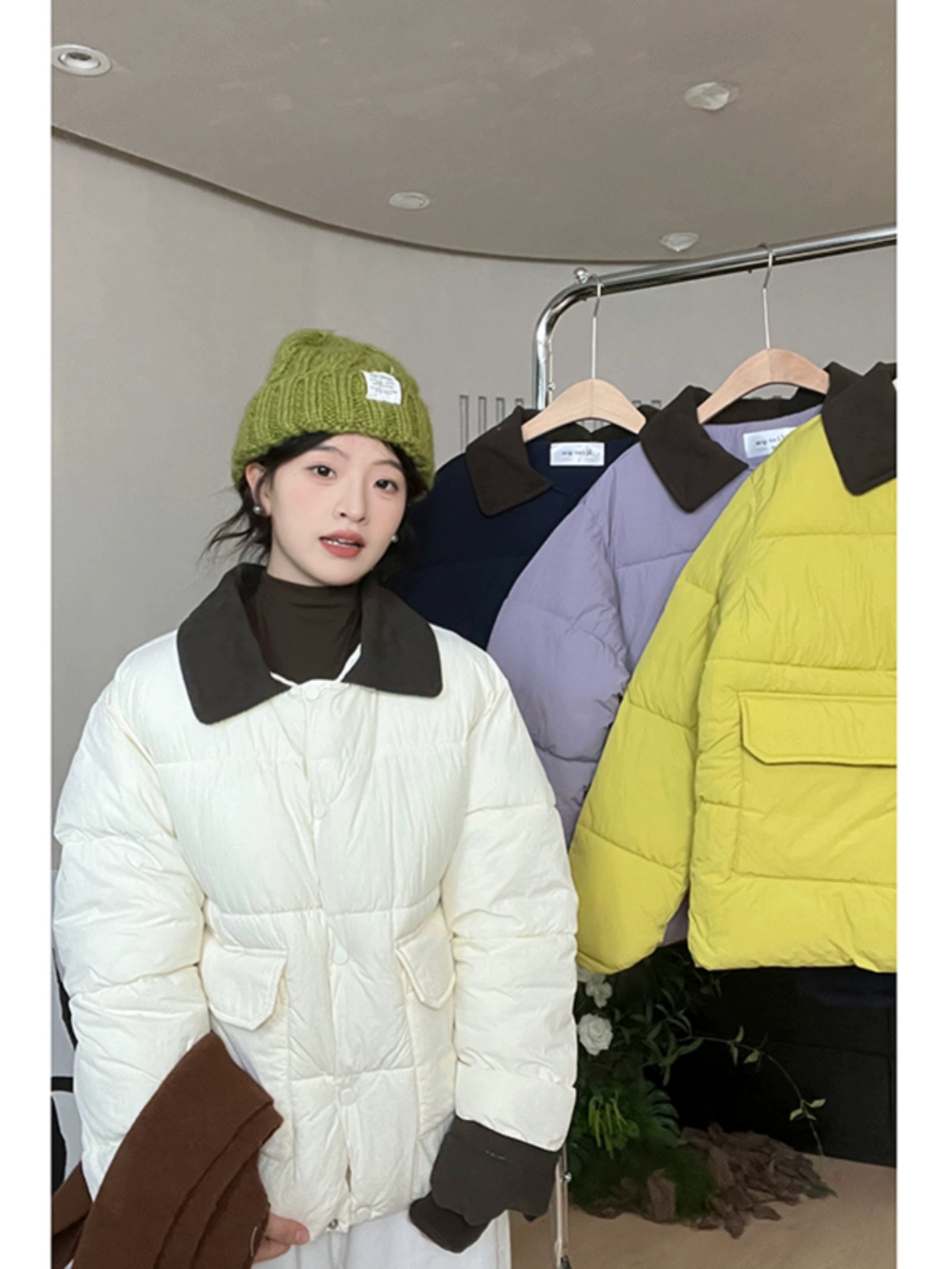 撞色拼接短款小个子棉服女装2024冬季新款宽松加厚棉衣面包服外套