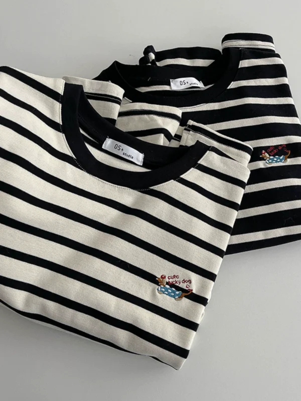 元气条纹撞色宽松长袖T恤2024秋季新款韩版女装包边套头长袖上衣